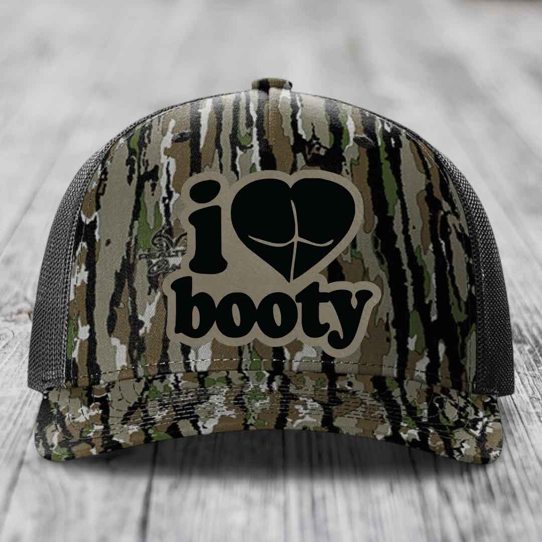I Love Booty - Leather Patch Hat - Light Brown to Black Patch - Richardson 112PFP Snapback Trucker Hat
