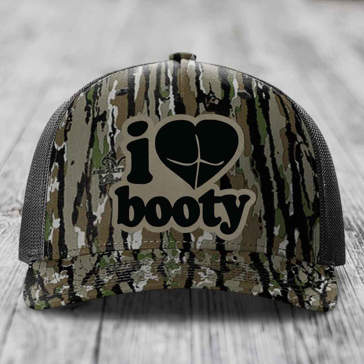 I Love Booty - Leather Patch Hat - Light Brown to Black Patch - Richardson 112PFP Snapback Trucker Hat