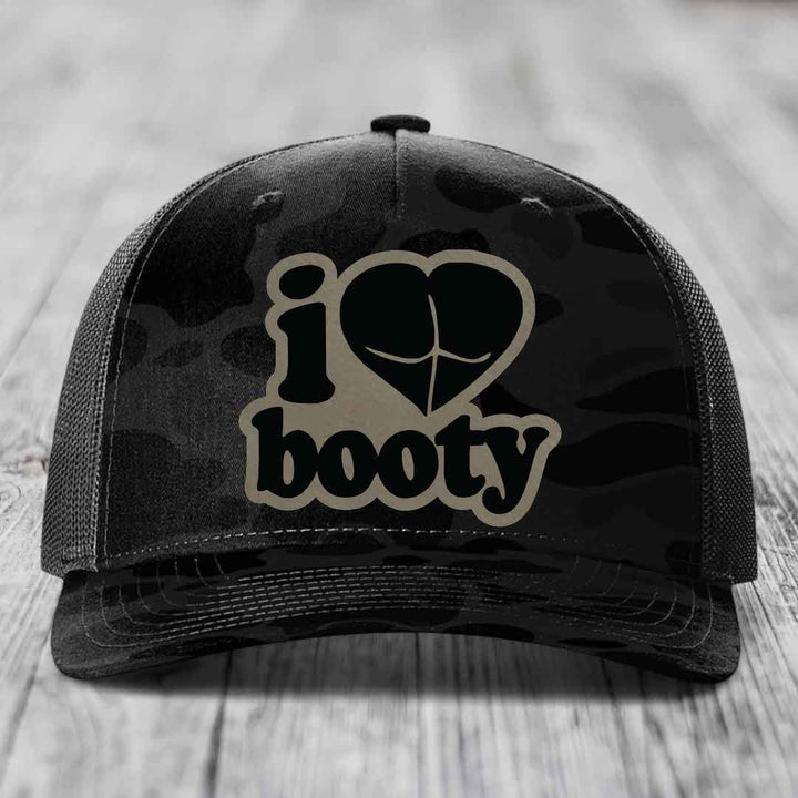 I Love Booty - Leather Patch Hat - Light Brown to Black Patch - Richardson 112PFP Snapback Trucker Hat