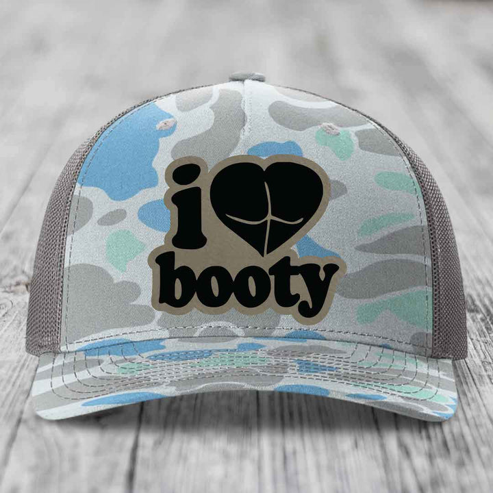 I Love Booty - Leather Patch Hat - Light Brown to Black Patch - Richardson 112PFP Snapback Trucker Hat
