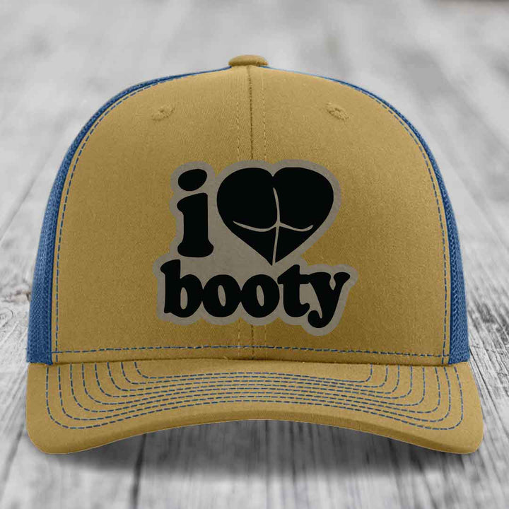 I Love Booty - Leather Patch Hat - Light Brown to Black Patch - Richardson 112 Snapback Trucker Hat