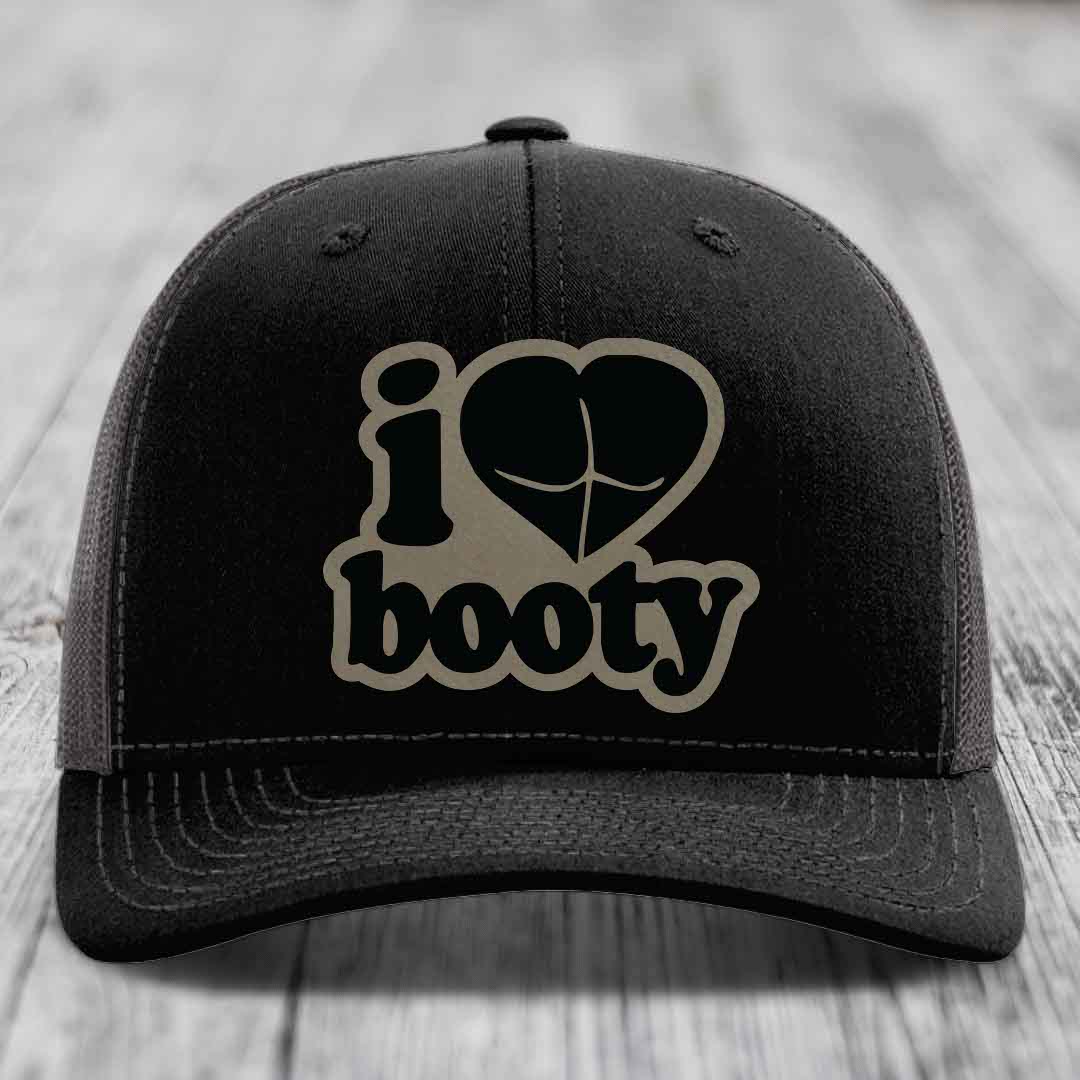 I Love Booty - Leather Patch Hat - Light Brown to Black Patch - Richardson 112 Snapback Trucker Hat
