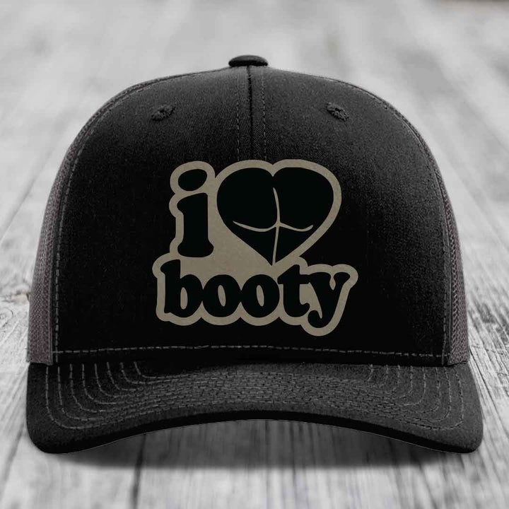 I Love Booty - Leather Patch Hat - Light Brown to Black Patch - Richardson 112 Snapback Trucker Hat