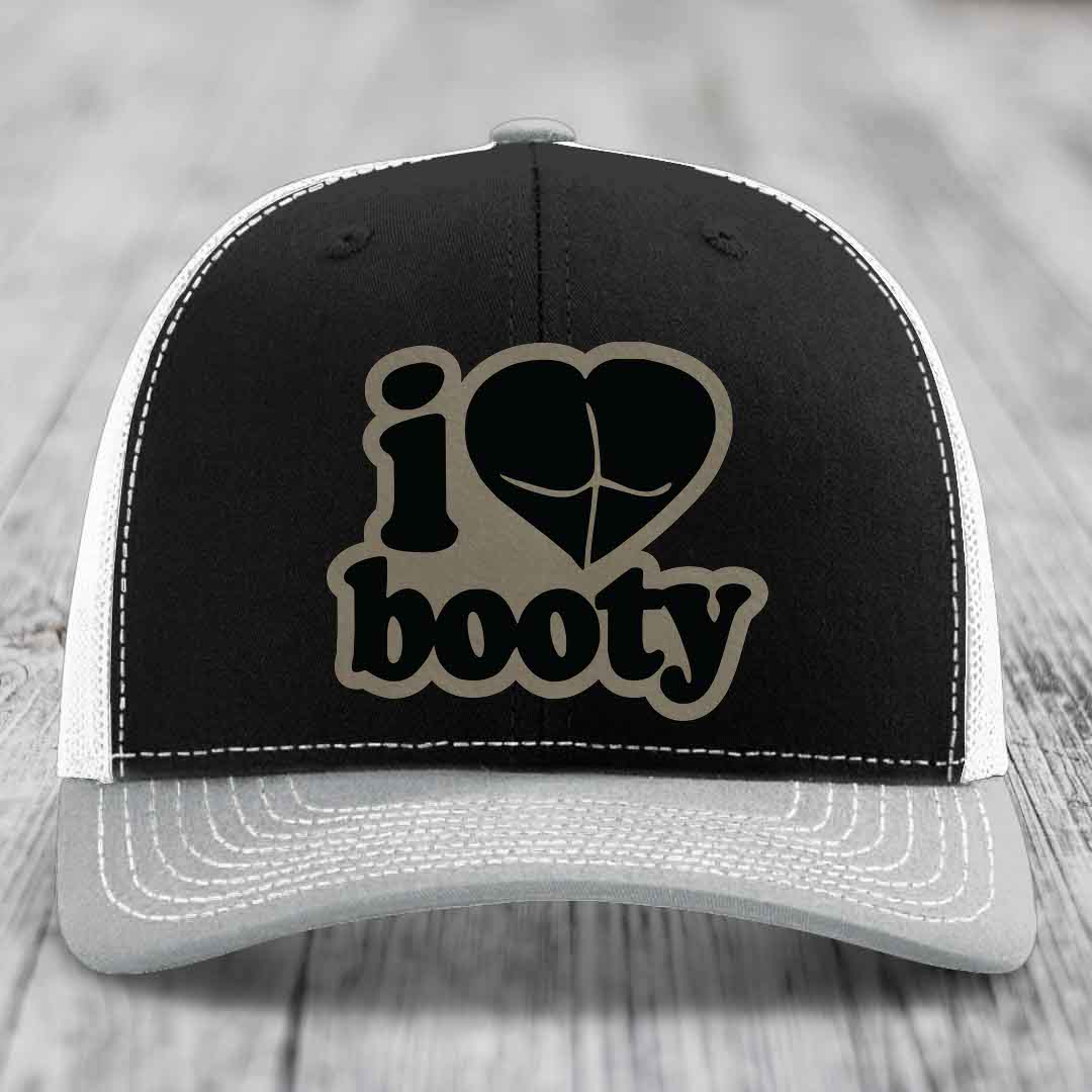 I Love Booty - Leather Patch Hat - Light Brown to Black Patch - Richardson 112 Snapback Trucker Hat