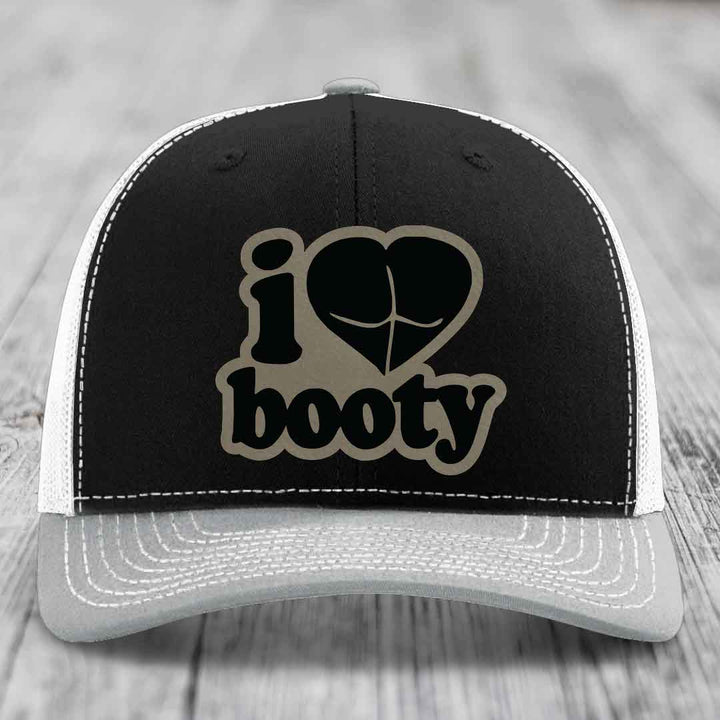 I Love Booty - Leather Patch Hat - Light Brown to Black Patch - Richardson 112 Snapback Trucker Hat