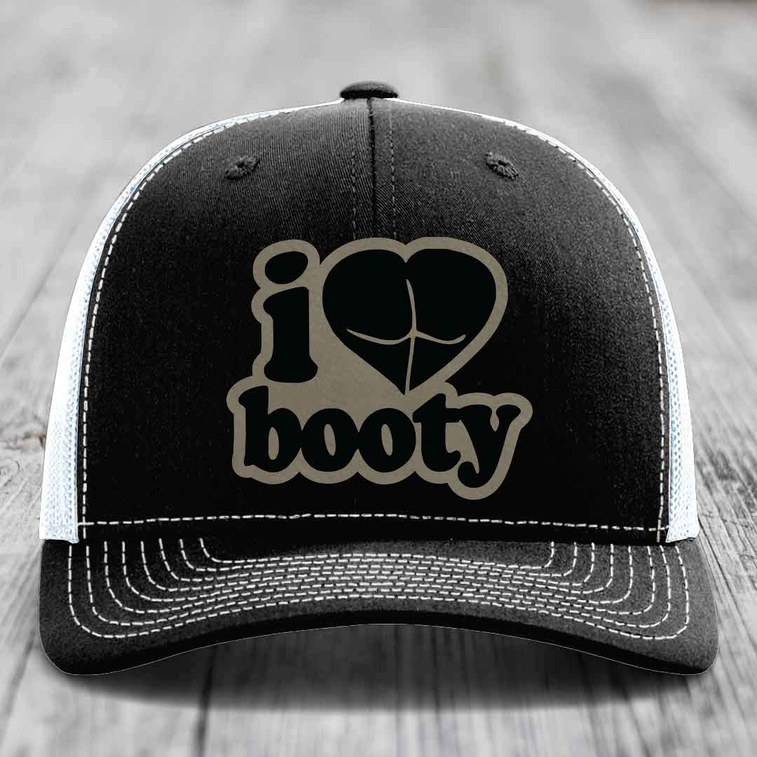 I Love Booty - Leather Patch Hat - Light Brown to Black Patch - Richardson 112 Snapback Trucker Hat