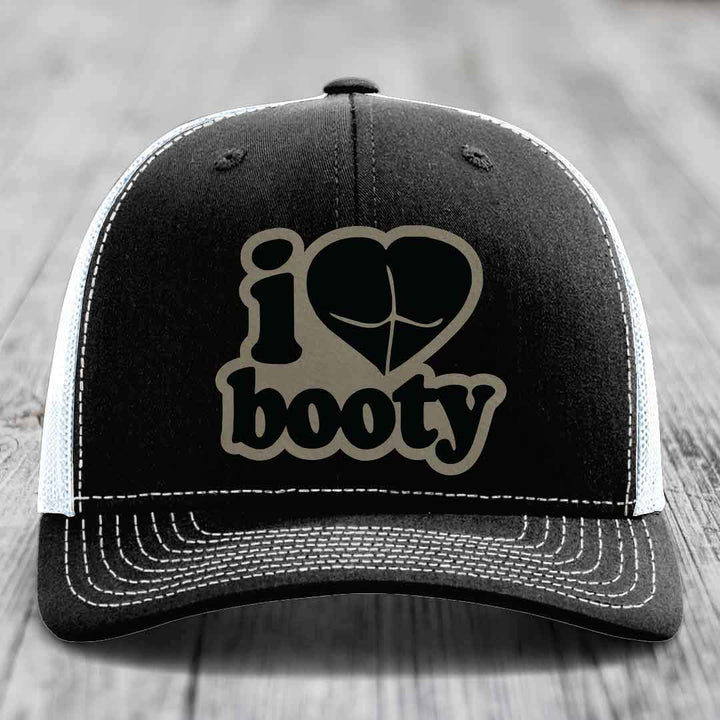 I Love Booty - Leather Patch Hat - Light Brown to Black Patch - Richardson 112 Snapback Trucker Hat