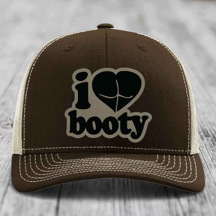 I Love Booty - Leather Patch Hat - Light Brown to Black Patch - Richardson 112 Snapback Trucker Hat