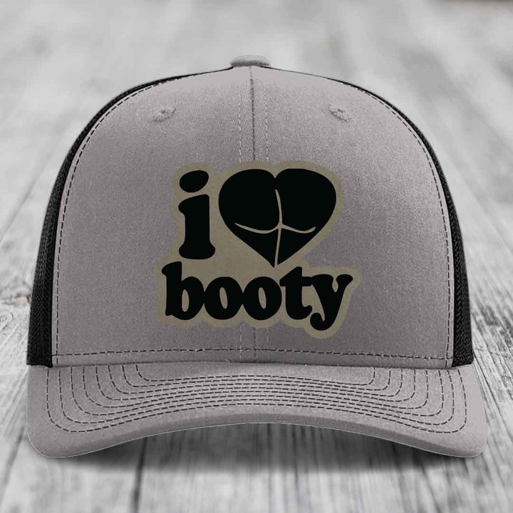 I Love Booty - Leather Patch Hat - Light Brown to Black Patch - Richardson 112 Snapback Trucker Hat