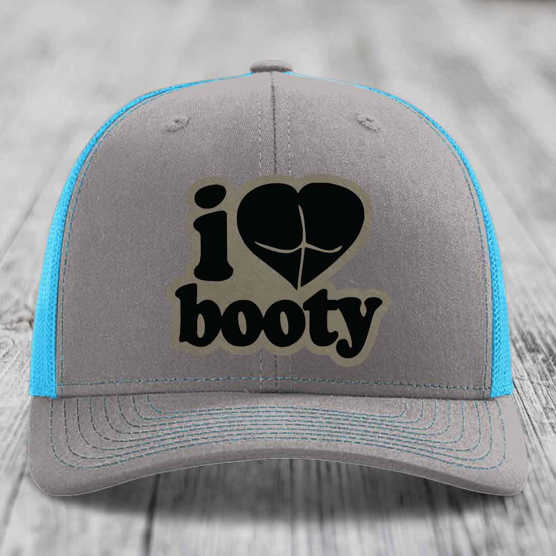 I Love Booty - Leather Patch Hat - Light Brown to Black Patch - Richardson 112 Snapback Trucker Hat