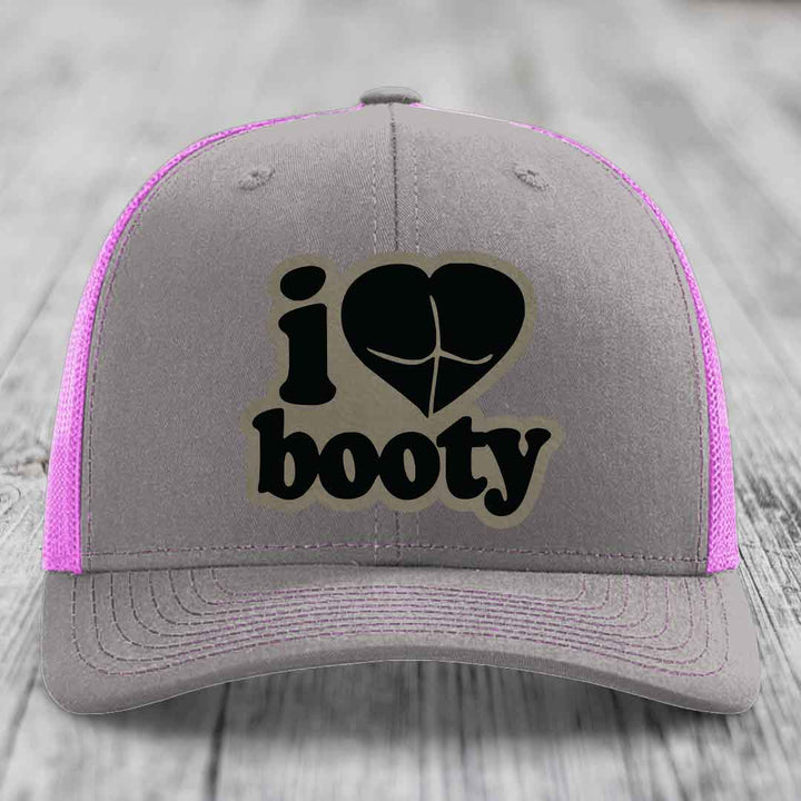 I Love Booty - Leather Patch Hat - Light Brown to Black Patch - Richardson 112 Snapback Trucker Hat