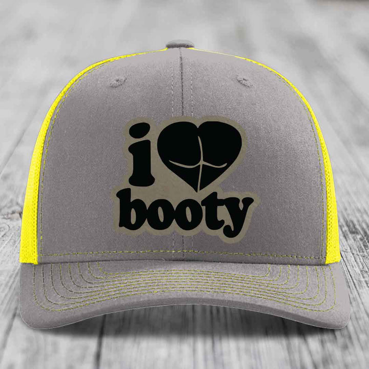 I Love Booty - Leather Patch Hat - Light Brown to Black Patch - Richardson 112 Snapback Trucker Hat