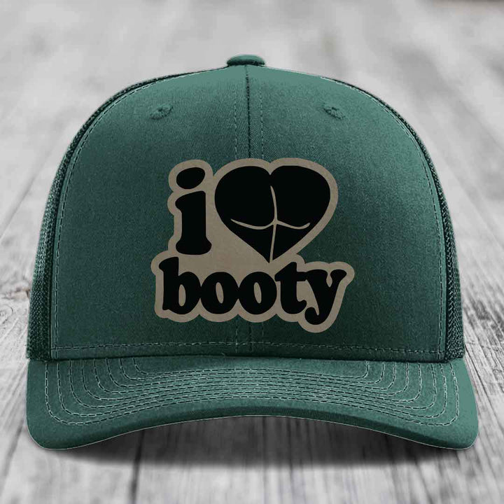 I Love Booty - Leather Patch Hat - Light Brown to Black Patch - Richardson 112 Snapback Trucker Hat