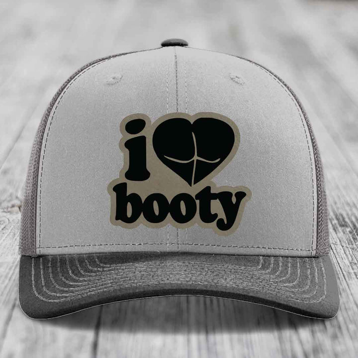I Love Booty - Leather Patch Hat - Light Brown to Black Patch - Richardson 112 Snapback Trucker Hat