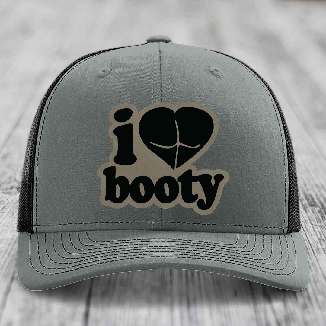 I Love Booty - Leather Patch Hat - Light Brown to Black Patch - Richardson 112 Snapback Trucker Hat
