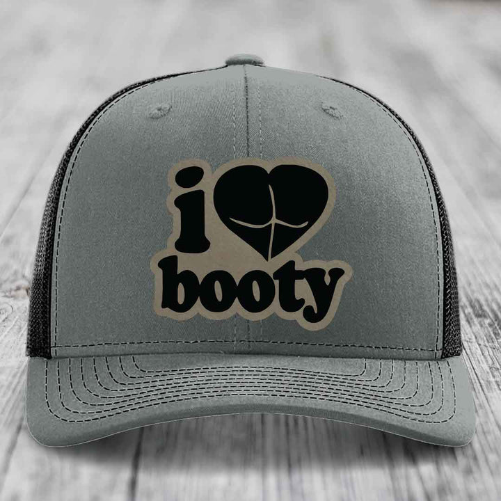I Love Booty - Leather Patch Hat - Light Brown to Black Patch - Richardson 112 Snapback Trucker Hat