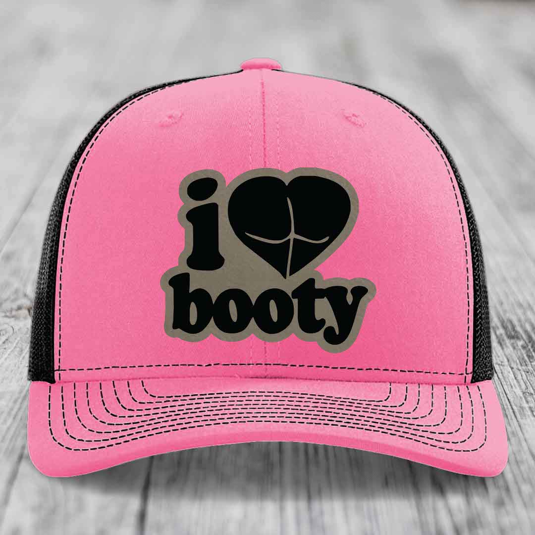 I Love Booty - Leather Patch Hat - Light Brown to Black Patch - Richardson 112 Snapback Trucker Hat