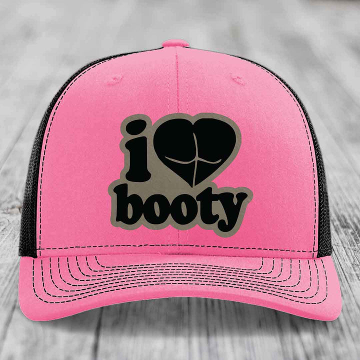 I Love Booty - Leather Patch Hat - Light Brown to Black Patch - Richardson 112 Snapback Trucker Hat