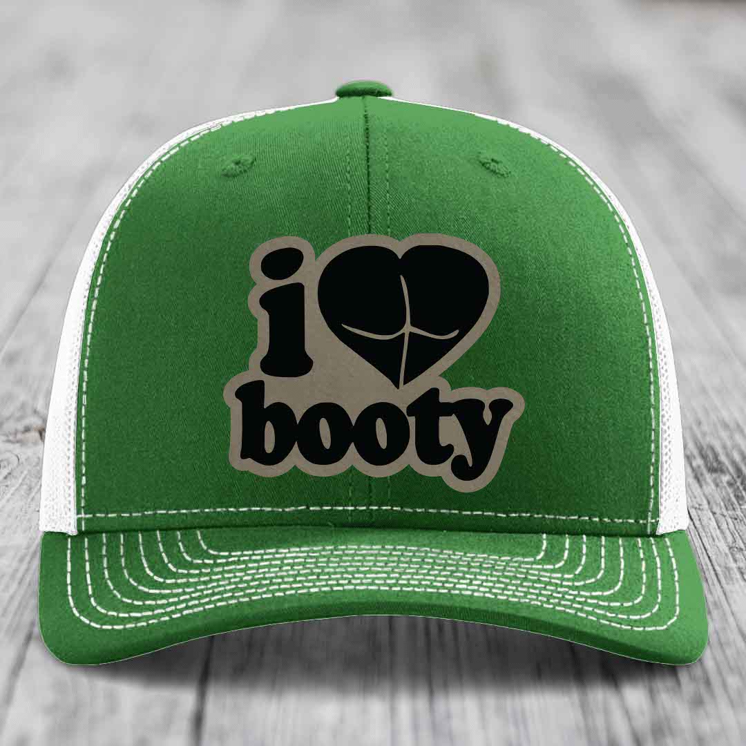 I Love Booty - Leather Patch Hat - Light Brown to Black Patch - Richardson 112 Snapback Trucker Hat