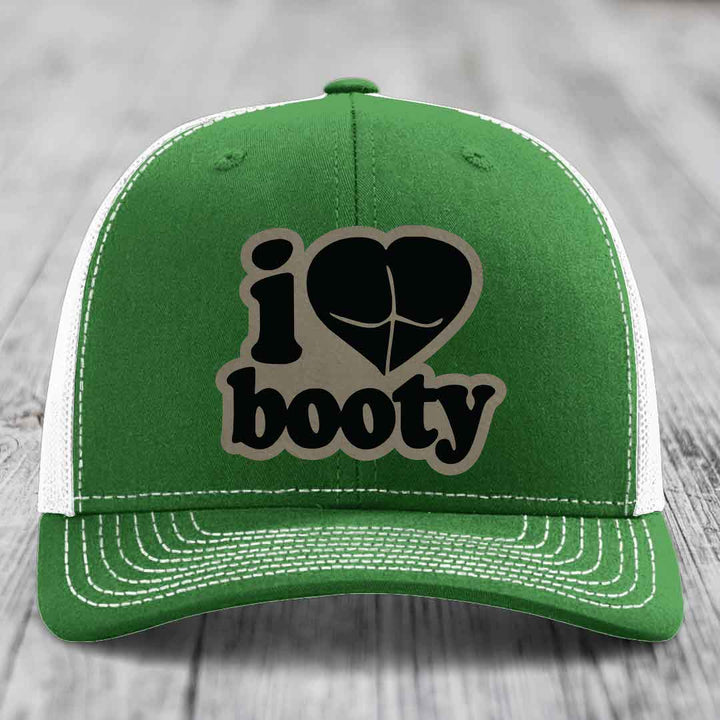 I Love Booty - Leather Patch Hat - Light Brown to Black Patch - Richardson 112 Snapback Trucker Hat
