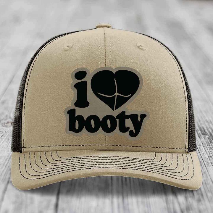 I Love Booty - Leather Patch Hat - Light Brown to Black Patch - Richardson 112 Snapback Trucker Hat