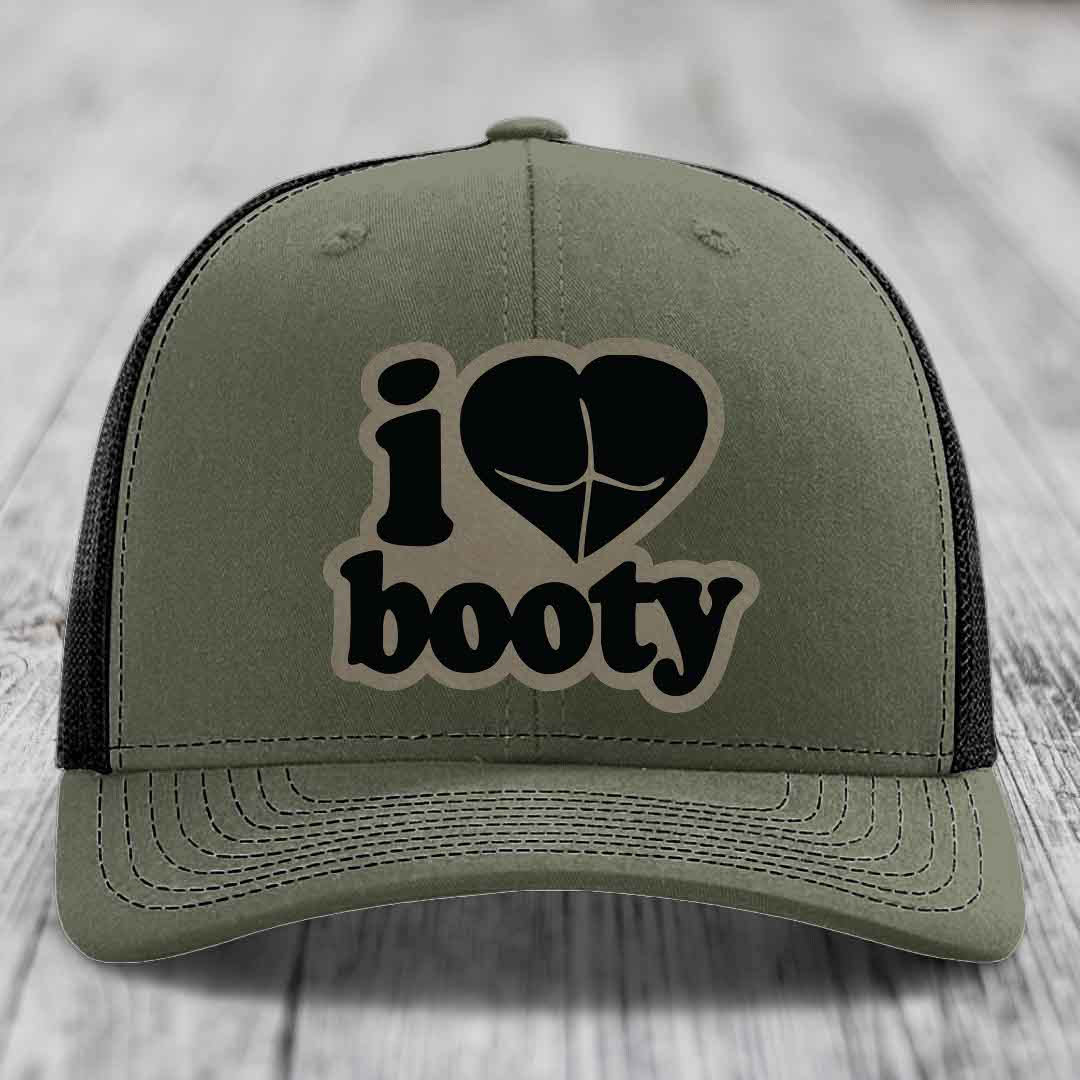 I Love Booty - Leather Patch Hat - Light Brown to Black Patch - Richardson 112 Snapback Trucker Hat