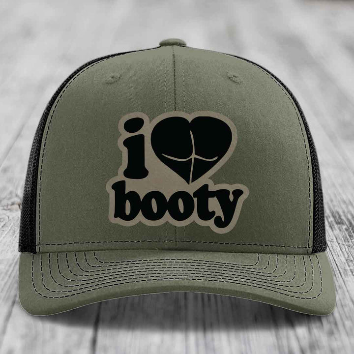 I Love Booty - Leather Patch Hat - Light Brown to Black Patch - Richardson 112 Snapback Trucker Hat