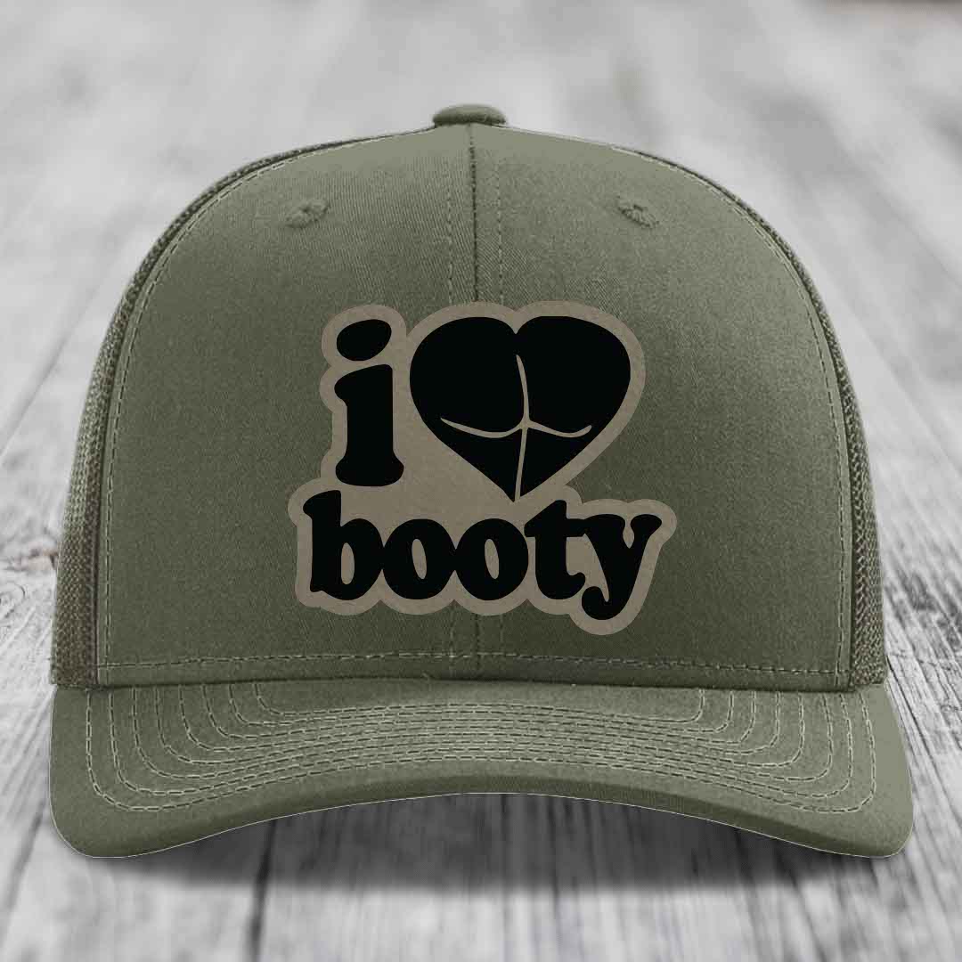 I Love Booty - Leather Patch Hat - Light Brown to Black Patch - Richardson 112 Snapback Trucker Hat