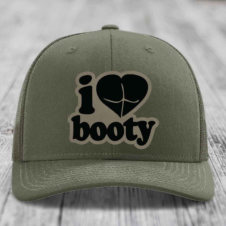 I Love Booty - Leather Patch Hat - Light Brown to Black Patch - Richardson 112 Snapback Trucker Hat