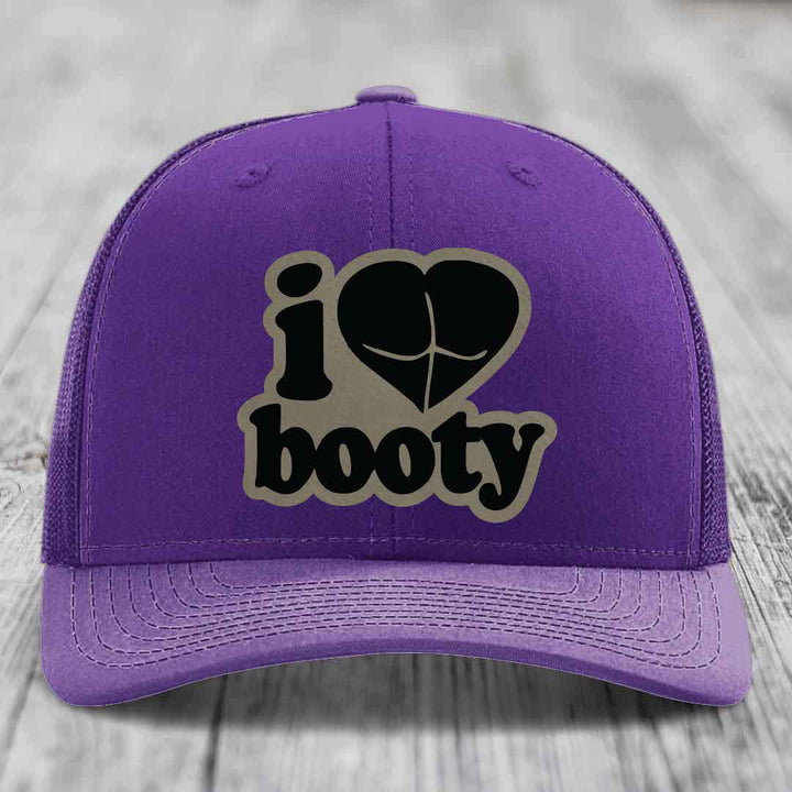 I Love Booty - Leather Patch Hat - Light Brown to Black Patch - Richardson 112 Snapback Trucker Hat