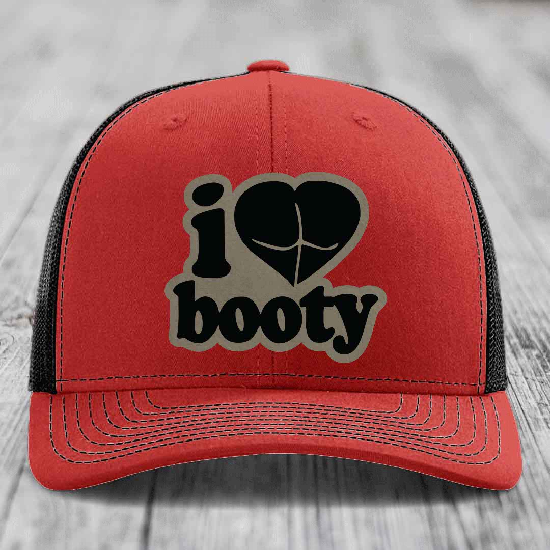 I Love Booty - Leather Patch Hat - Light Brown to Black Patch - Richardson 112 Snapback Trucker Hat