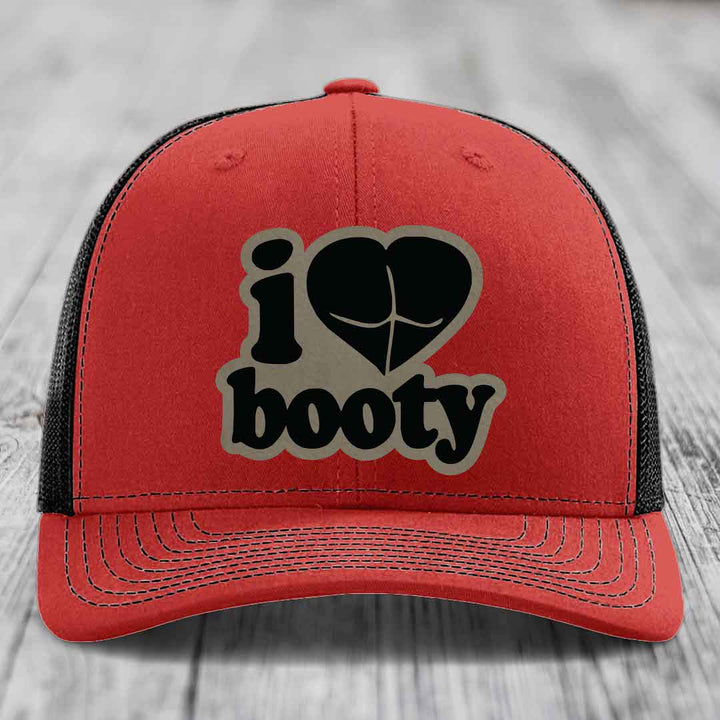 I Love Booty - Leather Patch Hat - Light Brown to Black Patch - Richardson 112 Snapback Trucker Hat