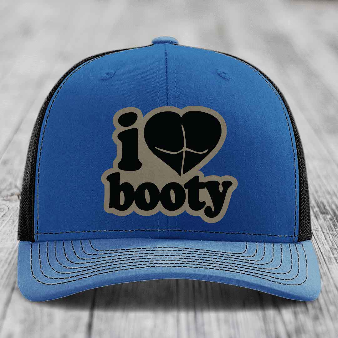 I Love Booty - Leather Patch Hat - Light Brown to Black Patch - Richardson 112 Snapback Trucker Hat