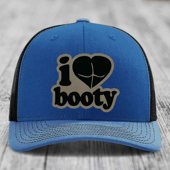 I Love Booty - Leather Patch Hat - Light Brown to Black Patch - Richardson 112 Snapback Trucker Hat