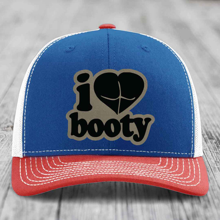 I Love Booty - Leather Patch Hat - Light Brown to Black Patch - Richardson 112 Snapback Trucker Hat