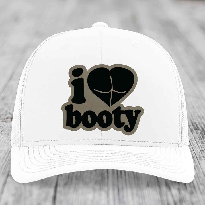 I Love Booty - Leather Patch Hat - Light Brown to Black Patch - Richardson 112 Snapback Trucker Hat