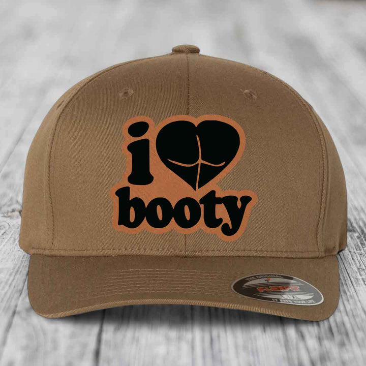 I Love Booty - Leather Patch Hat - Rawhide to Black Patch - Flexfit 6277 Fitted Hat