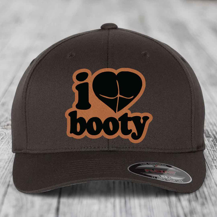 I Love Booty - Leather Patch Hat - Rawhide to Black Patch - Flexfit 6277 Fitted Hat