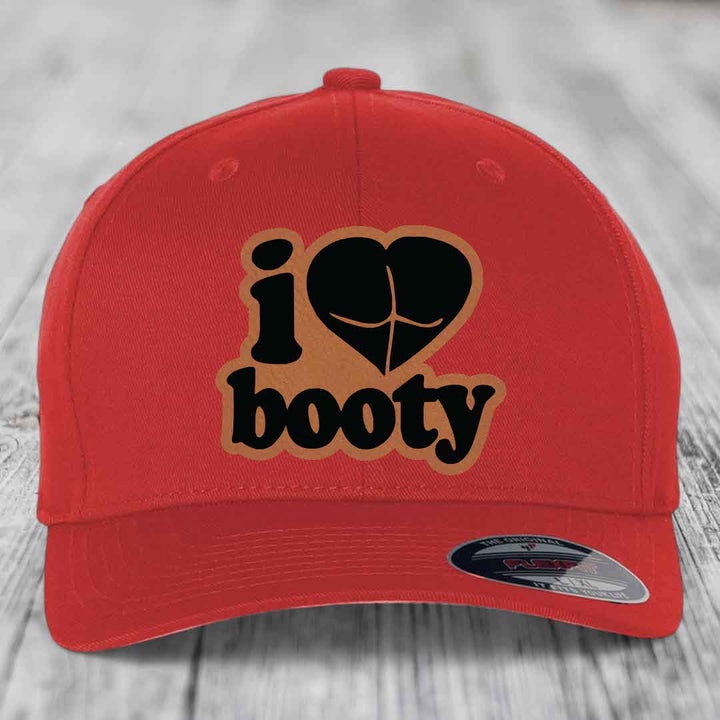 I Love Booty - Leather Patch Hat - Rawhide to Black Patch - Flexfit 6277 Fitted Hat