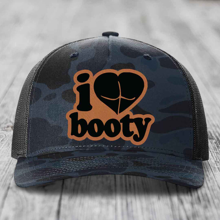 I Love Booty - Leather Patch Hat - Rawhide to Black Patch - Richardson 112PFP Snapback Trucker Hat