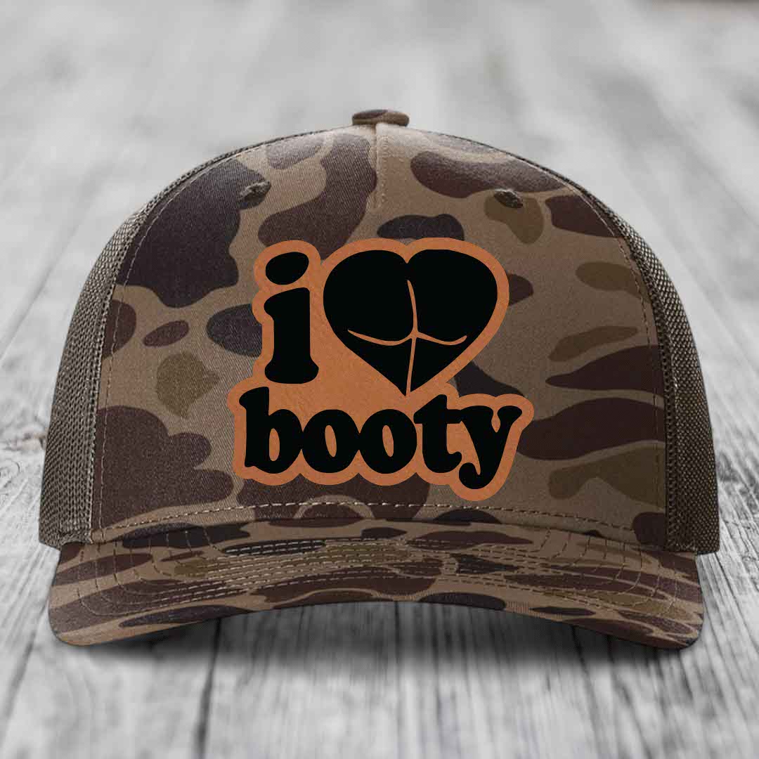 I Love Booty - Leather Patch Hat - Rawhide to Black Patch - Richardson 112PFP Snapback Trucker Hat