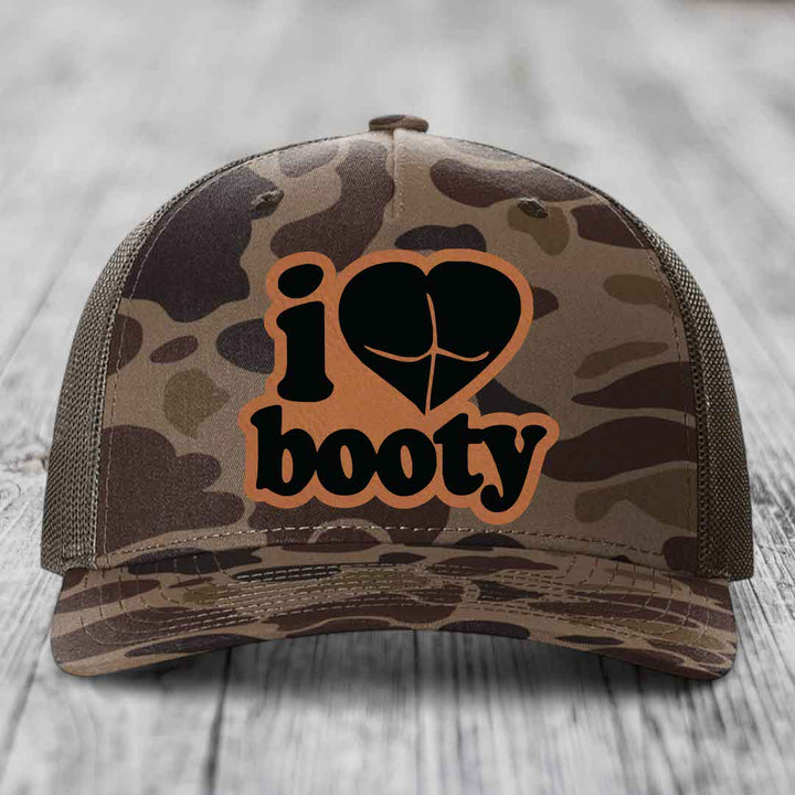 I Love Booty - Leather Patch Hat - Rawhide to Black Patch - Richardson 112PFP Snapback Trucker Hat