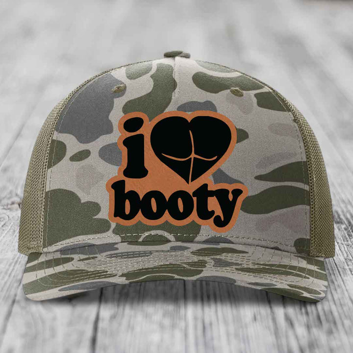 I Love Booty - Leather Patch Hat - Rawhide to Black Patch - Richardson 112PFP Snapback Trucker Hat