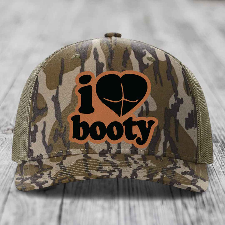 I Love Booty - Leather Patch Hat - Rawhide to Black Patch - Richardson 112PFP Snapback Trucker Hat