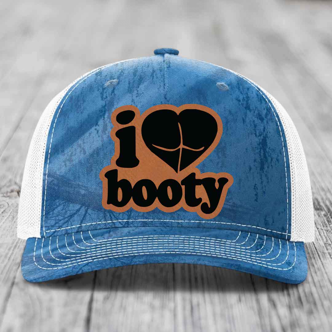 I Love Booty - Leather Patch Hat - Rawhide to Black Patch - Richardson 112PFP Snapback Trucker Hat