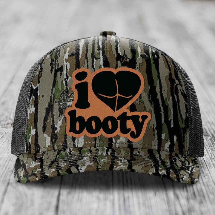 I Love Booty - Leather Patch Hat - Rawhide to Black Patch - Richardson 112PFP Snapback Trucker Hat