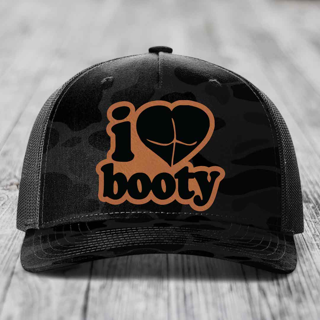 I Love Booty - Leather Patch Hat - Rawhide to Black Patch - Richardson 112PFP Snapback Trucker Hat