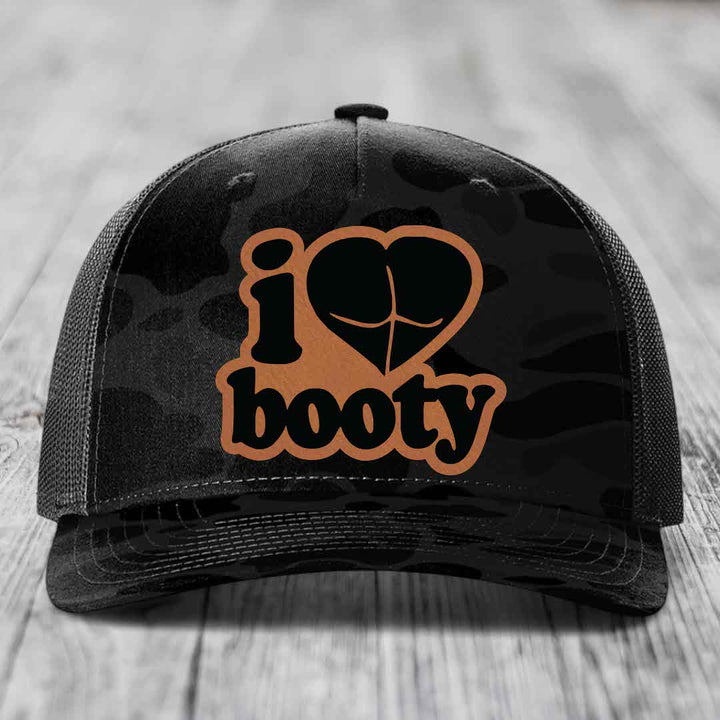 I Love Booty - Leather Patch Hat - Rawhide to Black Patch - Richardson 112PFP Snapback Trucker Hat