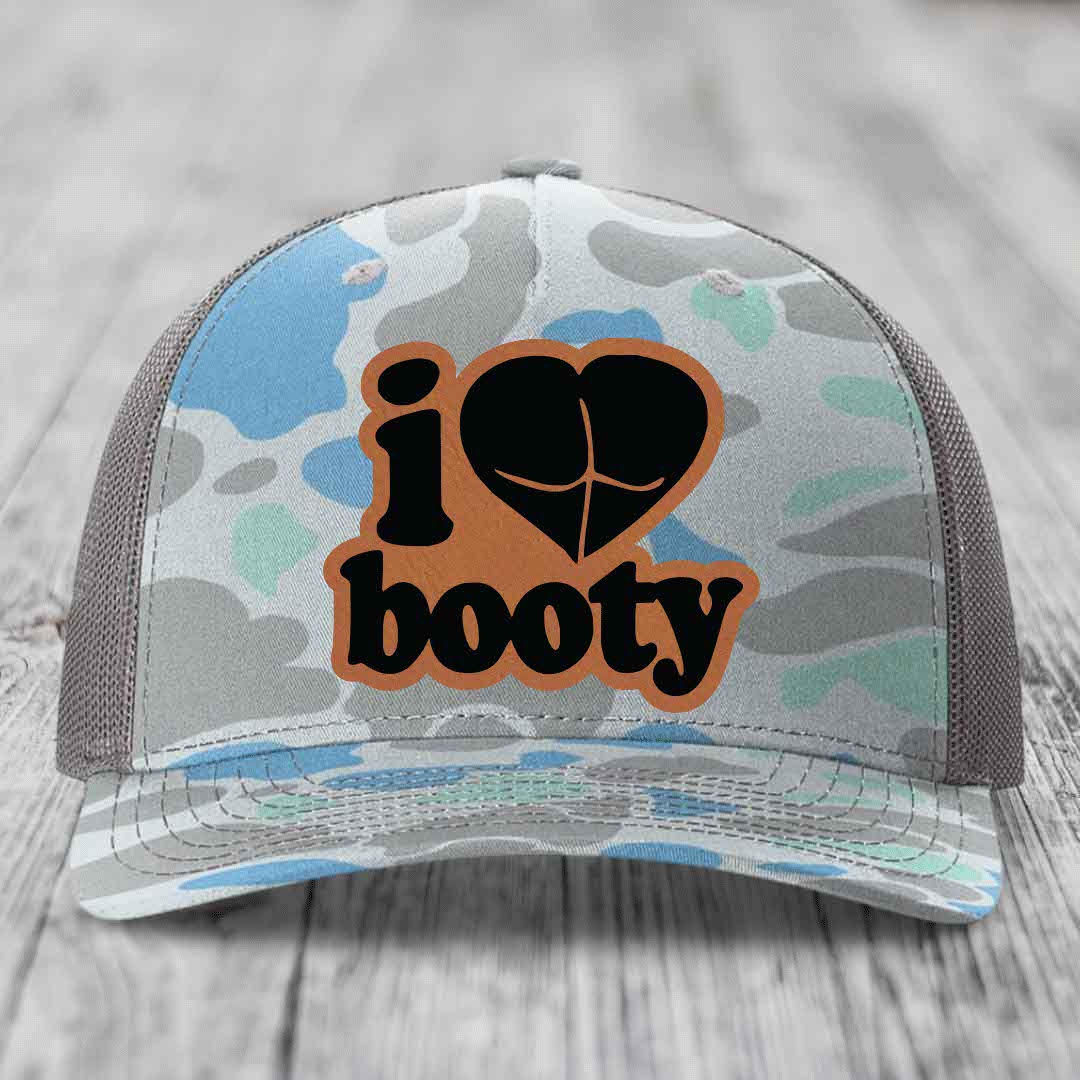 I Love Booty - Leather Patch Hat - Rawhide to Black Patch - Richardson 112PFP Snapback Trucker Hat