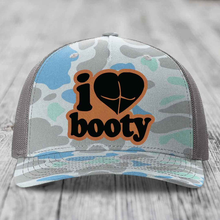 I Love Booty - Leather Patch Hat - Rawhide to Black Patch - Richardson 112PFP Snapback Trucker Hat